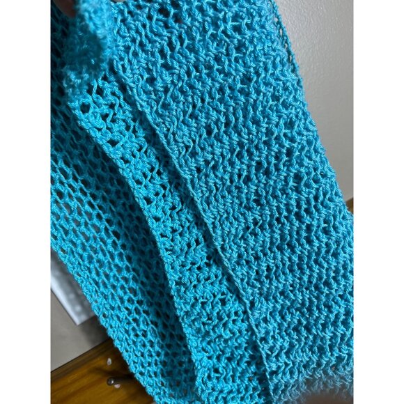 Hand Knitted Scarf Blue Turquoise Open Knit 73" Cotton Spring Bright Womens - Picture 6 of 6